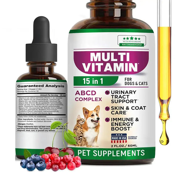 15-in-1 Dog & Cat Multivitamin Drops for UTI, Kidney, Skin, Coat Pet Supplements Support
